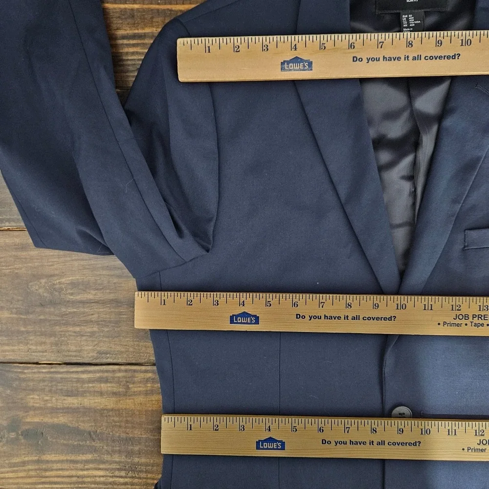 H&M Men's Two Button Sport Coat Blazer Navy Polyester‎ Blend Slim Fit 40R